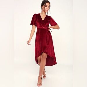 Lulus Amour Wine Red Velvet High-Low Wrap Dress size XS